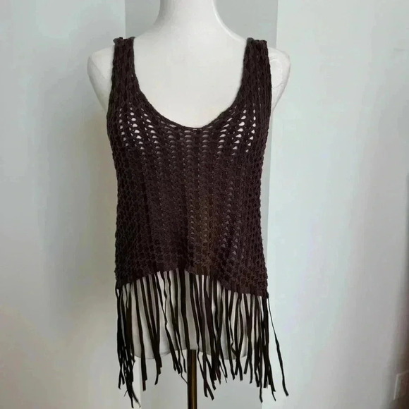 Y2K crochet western faux leather details  top coastal cowgirl boho S - Picture 2 of 4